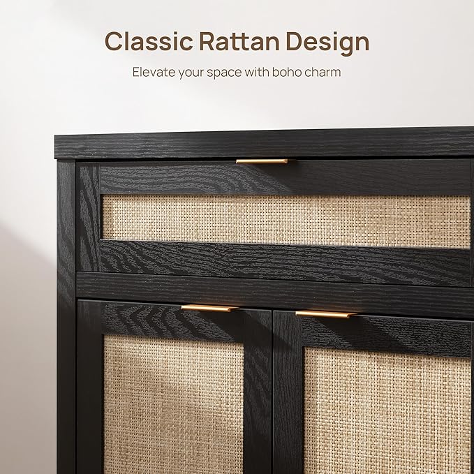 SICOTAS Sideboard Buffet Storage Cabinet, Rattan Accent Cabinet with Doors and Drawer, Modern Credenzas Buffet Table Console Coffee Bar Cabinets for Entryway Living Room, Black