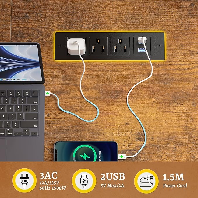 Computer Desk with 0.95 Inch Thicker Desktop & Monitor Stand & Storage Bag, Office Desk with Power Outlets, Gaming Desk with LED Light, Writing Desk for Home Office, Study, Bedroom, Brown
