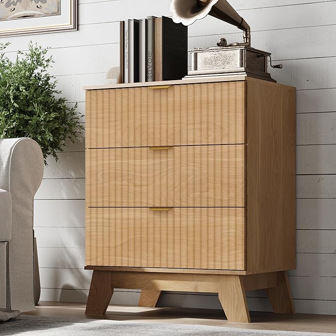 Fluted 3 Drawer Dresser, 30.3" Tall Compact Modern Boho Chest of Drawers, Wooden Storage Cabinet for Bedroom, Living Room, Entryway, Curved Profile Design