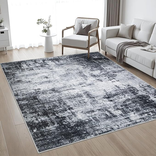 5x5 Area Rug Living Room Rug: Washable Modern Abstract Soft Thin Rug Indoor Floor No Slip Stain Resistant Carpet for Bedroom Dining Room Farmhouse Nursery Home Office - Dark Black