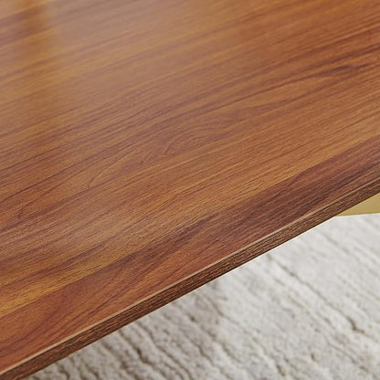 Oval Glass Coffee Table, Mid-Century Modern Design, L42*W22*H17 inch, for Living Room, Clear Glass Top and Walnut Finish Wood Shelf, Conical Metal Legs with Gold Finish