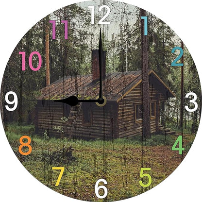 Forest Wooden House Wall Clock 10 Inch Wooden Battery Operated Autumn Forest Maple Leaves Wall Clocks Decorative Indoor,Decorative for Kitchen Bathroom Bedroom