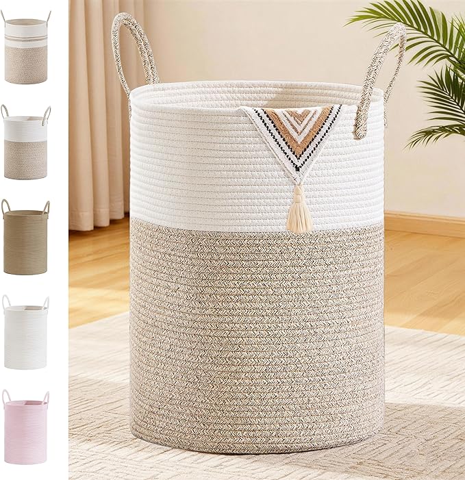 Tall Laundry Basket with Handles, 100L Portable Dirty Clothes Hamper, Boho Cotton Rope Storage Bin for Blankets Kids Toys Gifts, Extra Large Organizer for Baby Nursery Bedroom Bathroom, Brown