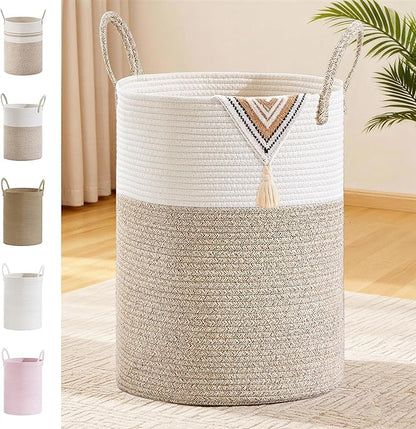 Tall Laundry Basket with Handles, 100L Portable Dirty Clothes Hamper, Boho Cotton Rope Storage Bin for Blankets Kids Toys Gifts, Extra Large Organizer for Baby Nursery Bedroom Bathroom, Brown