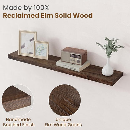Floating Shelves for Wall Decor, 8 Inch Deep Rustic Solid Elm Wood Floating Shelves Wall Mounted, Wall Shelves with Invisible Bracket for Living Room Bathroom Bedroom Kitchen, 40 Inch Set of 1, Walnut