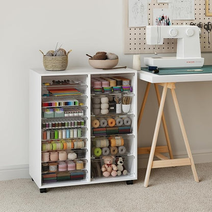 WOPITUES Mobile Storage Cabinet with 15 Clear Drawers, Craft Cabinet with 5 Large Drawers, Cart with Wooden Tabletop, Printer Stand Home Office, Dresser Chest, Modern White