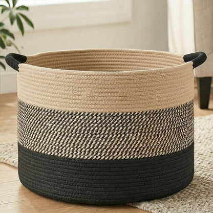 Artfeel 100L Large Cotton Rope Basket, Decorative Woven Blanket Storage for Living Room, Boho Toy Storage & Toy Box for Kids, Versatile Laundry Basket & Nursery Hamper for Blankets(BlackBrown)