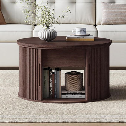 LINSY Lift Top Coffee Table, Round Fluted Coffee Table with Storage, Mid Century Modern Wooden Coffee Tables with Sliding Tambour Door, 31.5" Center Table for Living Room, Office, Small Space, Walnut