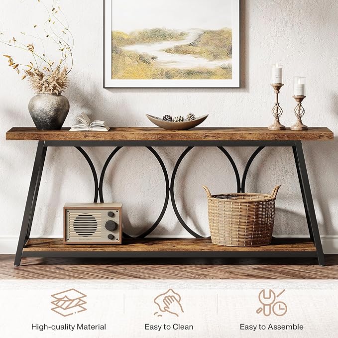 Tribesigns 71-Inch Long Entryway Console Table, 2 Tiers Industrial Narrow Sofa Table Behind The Couch with Storage Shelf and Metal Frame for Living Room, Entrance, Hallway, Brown & Black