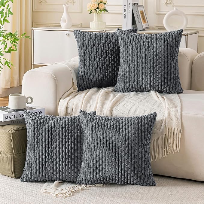 Set of 4 Medium Grey Decorative Throw Pillow Covers 20x20 Inch Corduroy Pillow Covers for Bed Couch Sofa Living Room Soft Square Cushion Cases