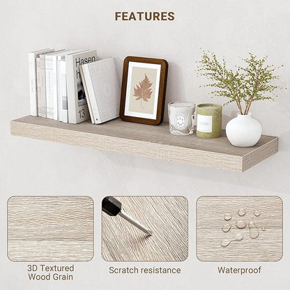 Acovy 32 Inch Floating Shelves, 3D Textured Wood Grain, 32"x9.25"x1.5" Inch Deep Floating Shelves for Wall, Wooden Shelves for Bathroom, Bedroom, Living Room, Vintage White Oak, 2 Pieces