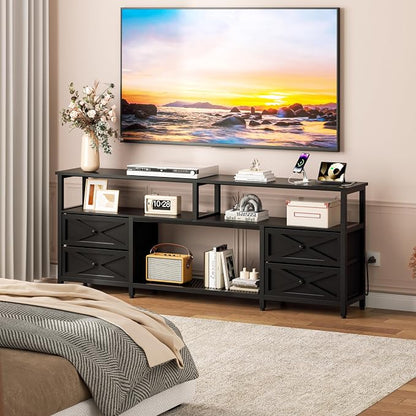 JUSTOGO TV Stand with Fabric Drawers for 65 70 75 Inches TV - Entertainment Center with Open Storage Shelf, Power Outlets & LED Lights for Living Room, Bedroom, 63" TV Console Media Console, Black
