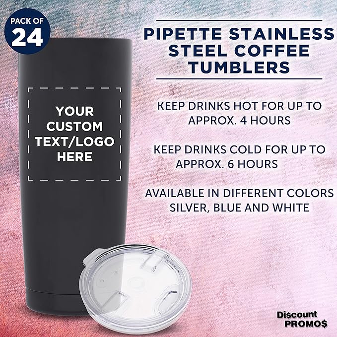 Custom Pipette Stainless Steel Coffee Tumblers 20 oz. Set of 24, Personalized Bulk Pack - Double Wall, Perfect for Coffee, Hot Cocoa, Other Hot & Cold Beverages - Black