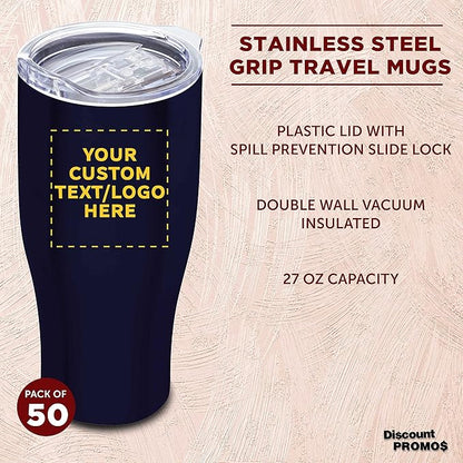 DISCOUNT PROMOS 50 Stainless Steel Grip Travel Mugs Set, 27 oz. - Customizable Text, Logo - Vacuum Insulated, Plastic Lid - Blue