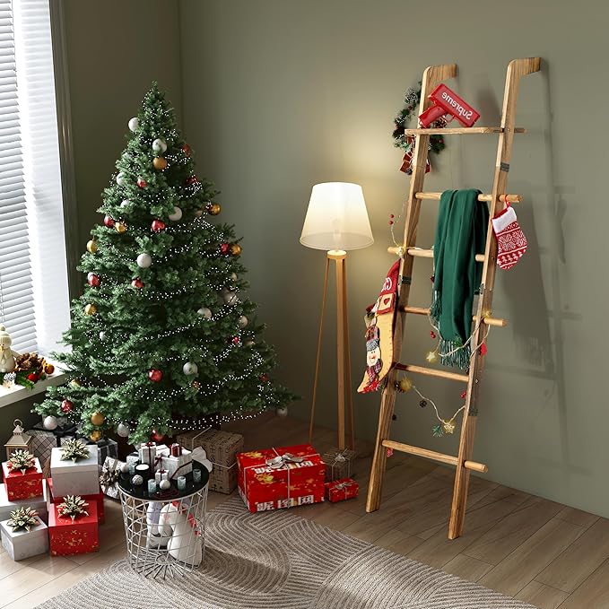 ZUNTO Blanket Ladder with Top Shelf for The Living Room - 67in Decorative Wooden Blanket Holder, 5 Tier with Side Hooks for Hanging - Rustic Farmhouse Towel Throw Ladder Rack for Organize and Display