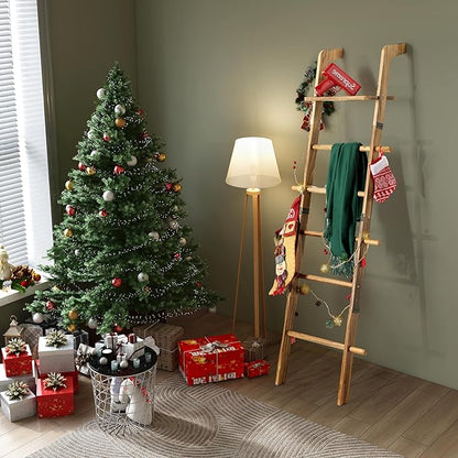 ZUNTO Blanket Ladder with Top Shelf for The Living Room - 67in Decorative Wooden Blanket Holder, 5 Tier with Side Hooks for Hanging - Rustic Farmhouse Towel Throw Ladder Rack for Organize and Display