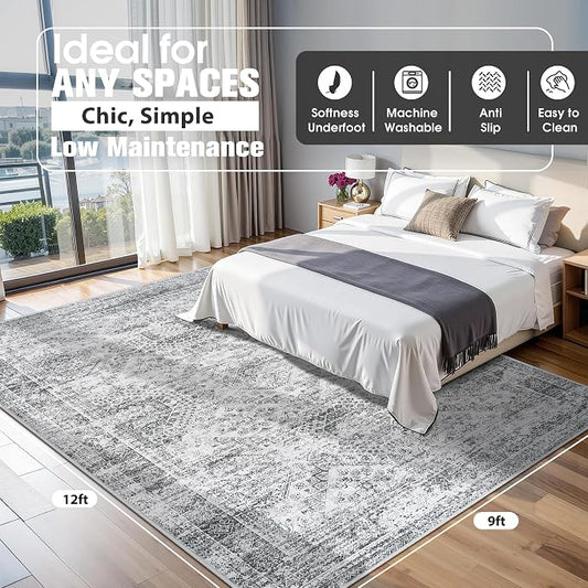 9x12 Area Rugs for Living Room Rug Washable: Abstract Large Rug for Dining Room Bedroom Carpet Non Slip 9 by 12 Indoor Modern Nursery Home Office Grey