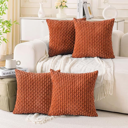 Set of 4 Burnt Orange Decorative Throw Pillow Covers 26x26 Inch Corduroy Pillow Covers for Bed Couch Sofa Living Room Soft Square Cushion Cases