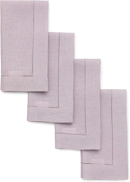 Solino Home Linen Napkins Set of 4 - Classic Hemstitch 100% Pure Linen Lilac Dinner Napkins Cloth 20 x 20 Inch for Valentines, Spring, Easter - Handcrafted and Machine Washable