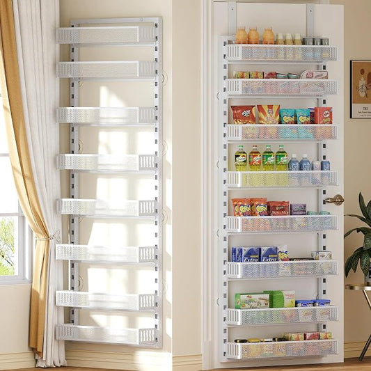 Over the Door Pantry Organizer, 8-Tier Over the Door Spice Rack with Adjustable Baskets, Wall-Mounted or Hanging Shelves for Kitchen, Laundry Room, Bathroom(White, 19.3"W x 5.2"D x 72.6"H)