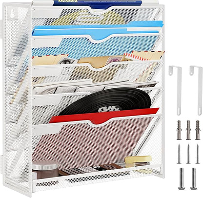 Lavatino 6-Tier Hanging File Organizer, Wall Mount File Holder for Mails Folders Papers Magazine Organization, Vertical Document Organizer for Office Home - (White)