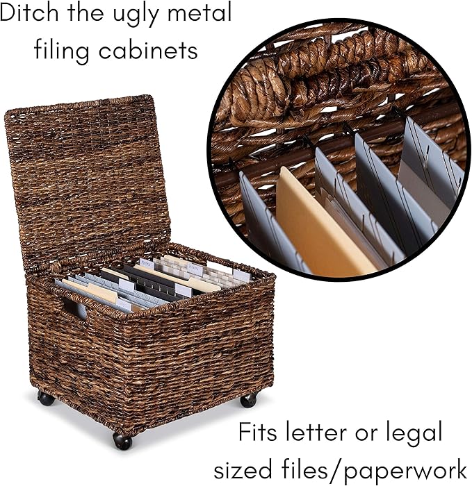 BIRDROCK HOME Rolling File Cabinet with Lid | Small Wooden Under Desk Organizer | Seagrass Basket with Wheels | Portable Home Office Filing System - Mini Decorative Box, Single Drawer, Brown Wash