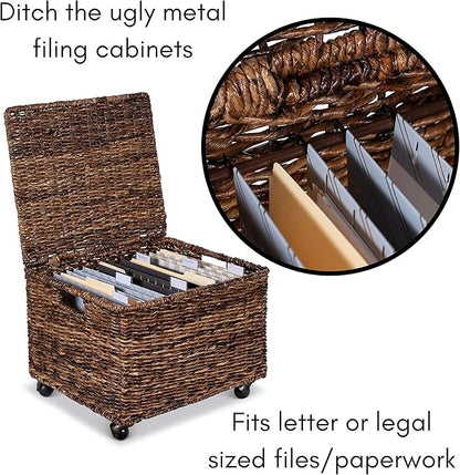 BIRDROCK HOME Rolling File Cabinet with Lid | Small Wooden Under Desk Organizer | Seagrass Basket with Wheels | Portable Home Office Filing System - Mini Decorative Box, Single Drawer, Brown Wash