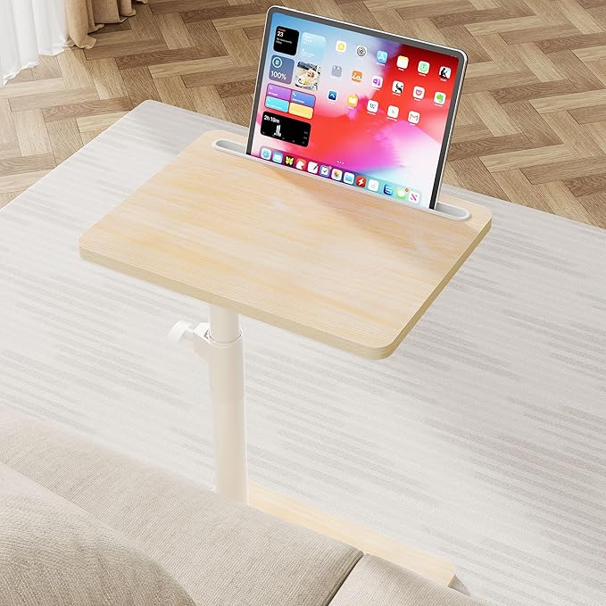 YUHFERA Sofa Armrest Tray Table for Couch - 360 Swivel Height Adjustable End Table for Small Spaces, Snack Side Table for Bed or Chair with Phone & Tablet Slot (Oak, Standard)