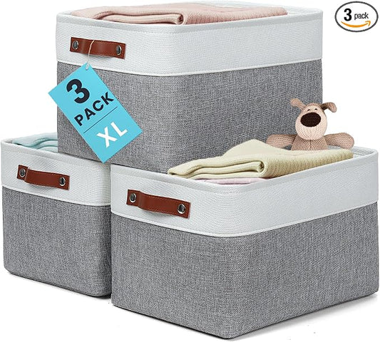 OrganiHaus 16x12.5in Canvas Storage Baskets 3 Pack | EXTRA LARGE Fabric Bins for Shelves | Linen Closet Organizer | Gray/Off-White