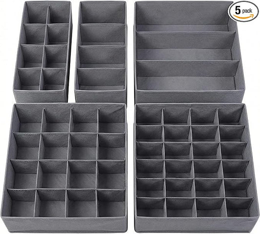 Lourome Underwear Organizer, 5 Set Foldable Fabric Underwear Drawer Organizer and Sock Organizer, Drawer Organizers for Clothing, Storage Bins for Underwear, Sock, Bra and Tie