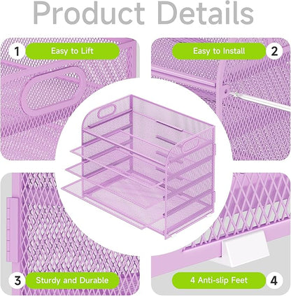 5 Tier Paper Organizer with Handle, Metal Mesh Desk Organizer File Folder Paper Letter Tray Desktop Document Sorter for Classroom, School, Office Accessories Organization and Storage - Purple