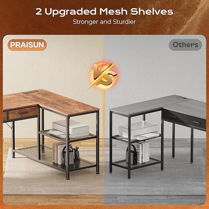 PRAISUN 55 Inch L Shaped Office Desk with Power Outlets and Type-C Port, Large Computer Gaming Desk with 3 Fabric Drawers, Mesh Shelves, Corner Study Work Writing Desk, Rustic Brown