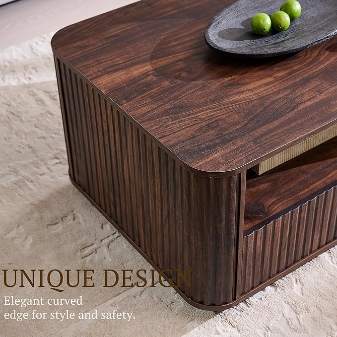 ACCOHOHO 51" Fluted Coffee Table with Storage, Large Modern Center Table with 2 Drawers, Rectangle Wood Coffee Table for Living Room, Dark Walnut