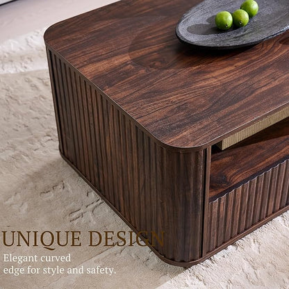 ACCOHOHO 51" Fluted Coffee Table with Storage, Large Modern Center Table with 2 Drawers, Rectangle Wood Coffee Table for Living Room, Dark Walnut