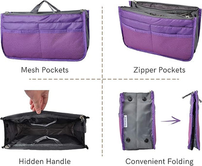 Vercord Purse Organizer Insert for Handbags Bag Organizers Inside Tote Pocketbook Women Nurse Nylon 13 Pockets Purple Large