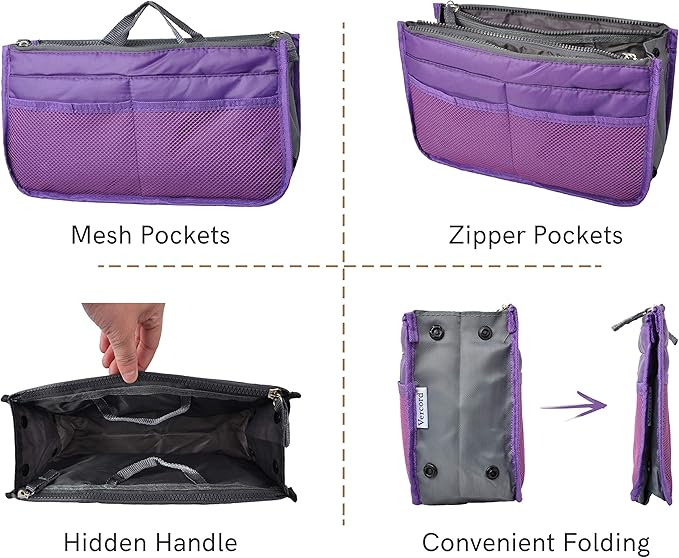 Vercord Purse Organizer Insert for Handbags Bag Organizers Inside Tote Pocketbook Women Nurse Nylon 13 Pockets Purple Medium