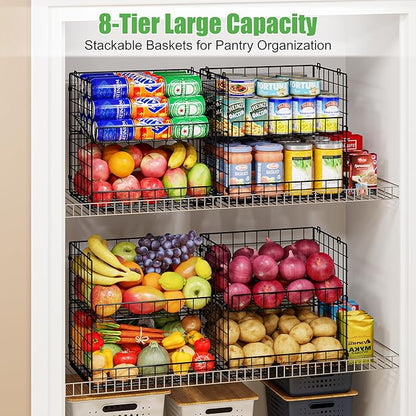 JKsmart 8-Tier Stackable Wire Basket, Can Organizer for Pantry Kitchen, XXL Metal Storage Shelves with Dividers & Handles, Easy Assembly Space Saving Storage Bins for Snacks Fruits Veggies