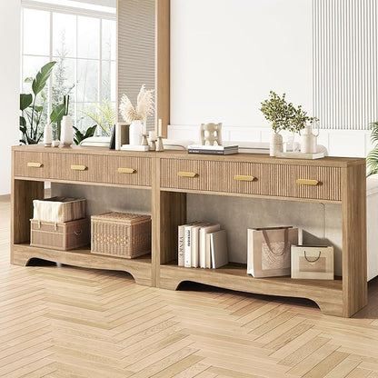 Fluted Console Table with Drawers, 47" Narrow Entryway Table with 3 Drawers and Open Storage Shelf, Long Sofa Tables Modern Behind Couch Tables for Living Room, Foyer and Hallway