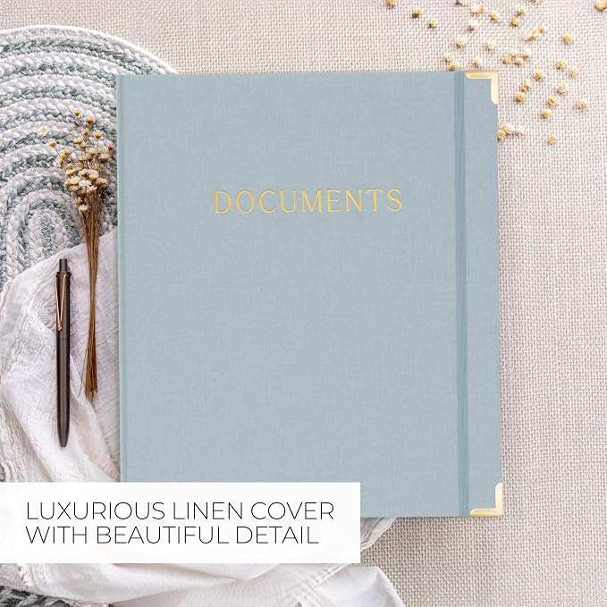 Important Document Organizer Set with Folders - Complete Linen Ring Binder Set Safely Stores All Documents & Files in One Place - Easy to Use Expanding Storage Incl. Envelopes, Pockets & Labels