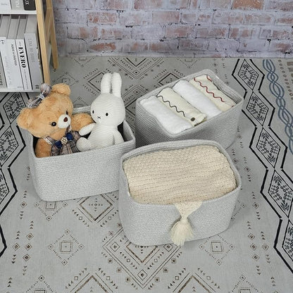 Cotton Rope storage Basket Bins Woven Basket for Organizing Shelves 15X10X9.3“ Rectangle Decorative Baskets For storage Clothes Toys Books Towels Square Wicker Nursery basket organizer 3 pack grey