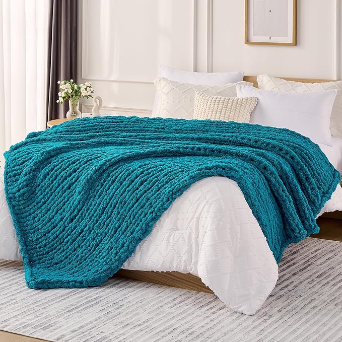 L'AGRATY Chunky Knit Blanket Throw: 50''x60'' Chenille Chunky Knitted Throw Blankets for Bed Couch - Handmade Thick Big Cable Knit Blanket - Large Crochet Rope Blankets for Home Decor(Teal)