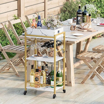 3-Tier Gold Bar Cart with Removable Tray, Small Bar Carts with Wheels, Rolling Beverage Cart, Drink Cart, Gold Wine Cart with Wine Rack for Kitchen, Living Room GBC513G