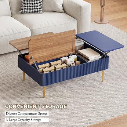 HLR 47" Dual Lift Top Coffee Table with Storage, Modern Wood Fluted Coffee Table with Hidden Compartment,Lift Tabletop Dining Center Table for Living Room, Office, Blue