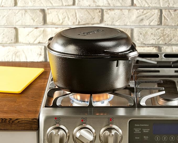 Lodge 5 Quart Cast Iron Double Dutch Oven – Pre-Seasoned – Lid Converts to 10.25" Skillet – PFAS-Free – Made in USA – Dual Handles – Oven, Grill, Campfire & Stovetop Safe – Durable & Non-Toxic