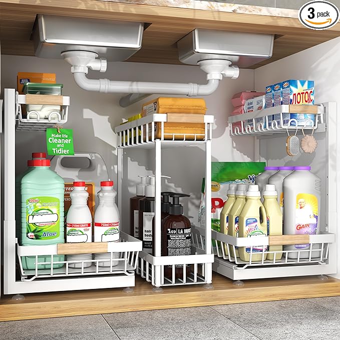 Sevenblue 3 Pack Under Sink Organizer, Height Adjustable 2 Tier Pull-Out Metal Under Kitchen Sink Organizer, Multi-Purpose Storage Shelves for Kitchen Bathroom Cabinet, White