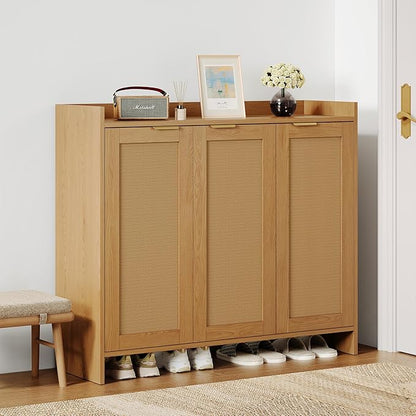 Shoe Cabinet, 41" Tall Rattan Shoe Storage Organizer Cabinet, Adjustable Shelves, 6-Tier Farmhouse Boho Wooden Storage Cabinet for Entryway Hallway Closet Bedroom,Lightoak