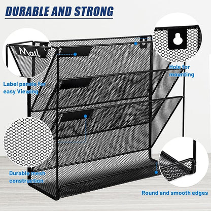 EASEPRES Desk File Organizer Mesh 4-Tier, Hanging Wall Mount Document Organization Stand, Desktop Vertical Mail Paper Folder Holder Rack with Bottom Tray for Office Home Cubicle Countertop, Black