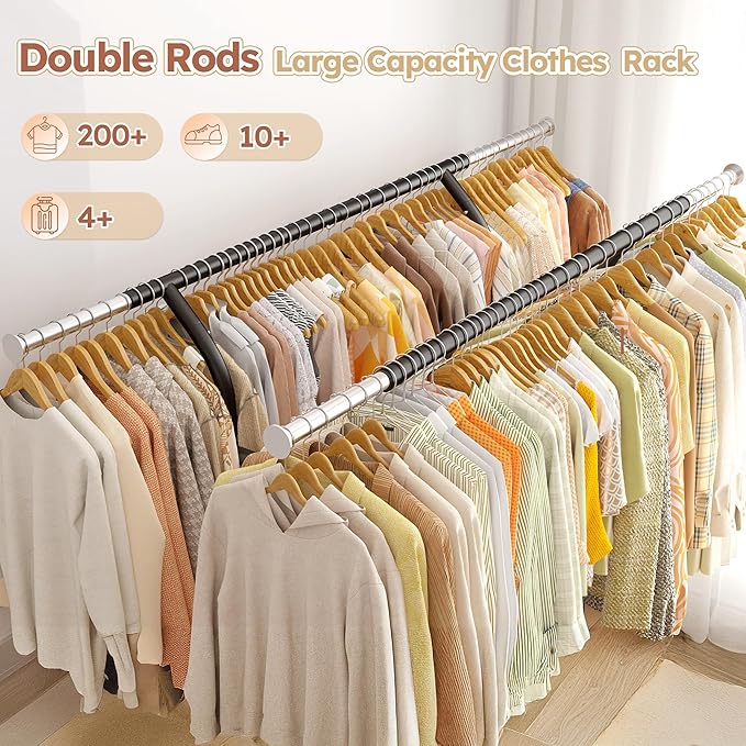 Raybee 74" W Heavy Duty Clothes Rack, Double Rods Clothing Rack Load 630 LBS, Rolling Clothes Racks for Hanging Clothes 400+, Garment Rack with shelves for Bedroom, Laundry Room, Retail Store