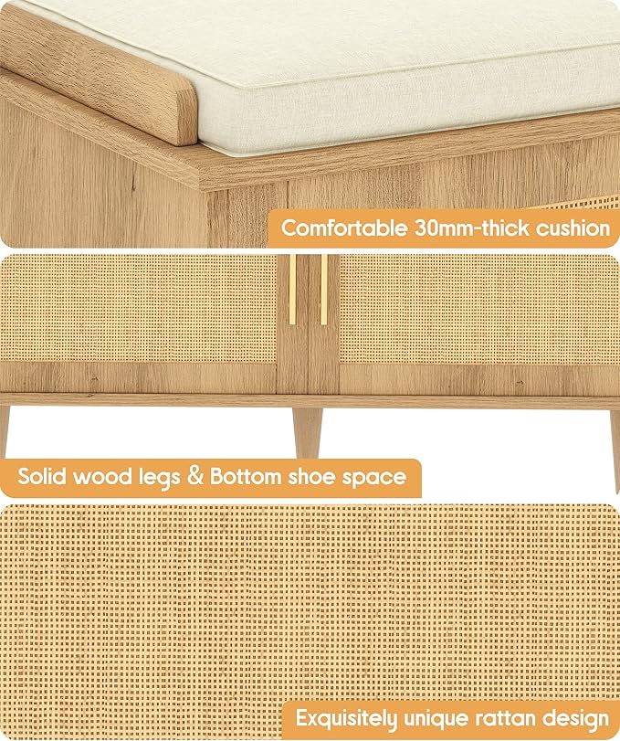 Rattan Shoe Storage Bench with Cushion, 2-Tier Entryway Bench with Adjustable Shelves and 2 Doors, 15" D x 31.5" W x 20" H, Solid Wood Legs, for Hallway, Living Room, Bedroom, Natural Oak