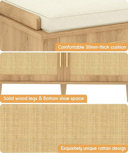 Rattan Shoe Storage Bench with Cushion, 2-Tier Entryway Bench with Adjustable Shelves and 2 Doors, 15" D x 31.5" W x 20" H, Solid Wood Legs, for Hallway, Living Room, Bedroom, Natural Oak